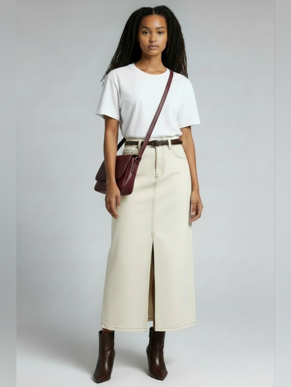 Oat NY Cream Maxi Denim Skirt with Front Slit SZ 4